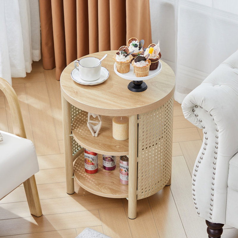 Round End Table With 3-Tier Storage Shelves, Natural, 1