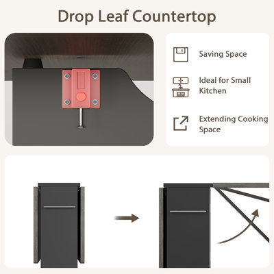 Folding Dining Table for 4 - 6 Wheels. 2-Layer Storage Shelf & Drawer - Space-Saving Collapsible Kitchen Table -   Gray Flap Panel +  Gray Cabinet with Handle. 1200x600x750mm