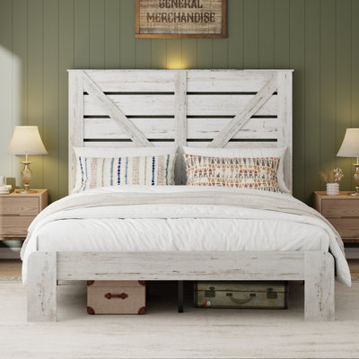 Farmhouse Queen Bed Frame with Tall Headboard, Wooden Platform Bed Frame with Charging Station & Led Lights，Noise Free,No Box Spring Needed and Easy Assembly，White