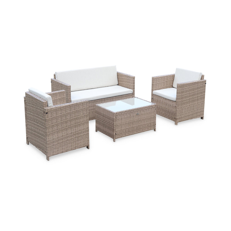 Kjellaug Rattan Wicker 4-seater self-assembly polyrattan garden sofa set, White, Beige, White