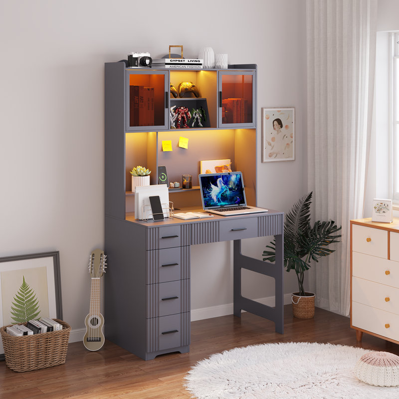 Computer Desk with Hutch and LED Lighting, Gray