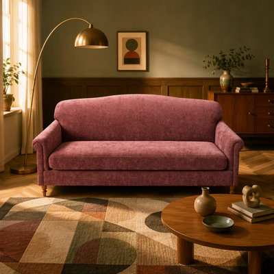 Sofa deux places moderne avec accoudoirs arrondis et revêtement en chenille