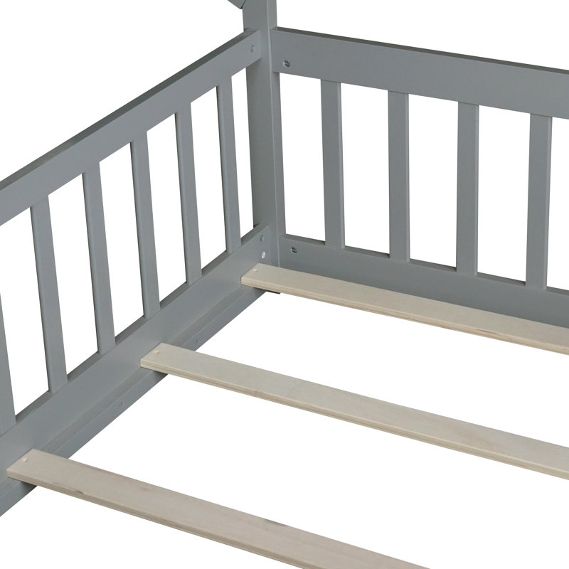 Wood Tent Bed for Kids, Montessori Style Low-Floor Bed ,House Shape Tent Bed Frame for Teens, Without Slats, Gray