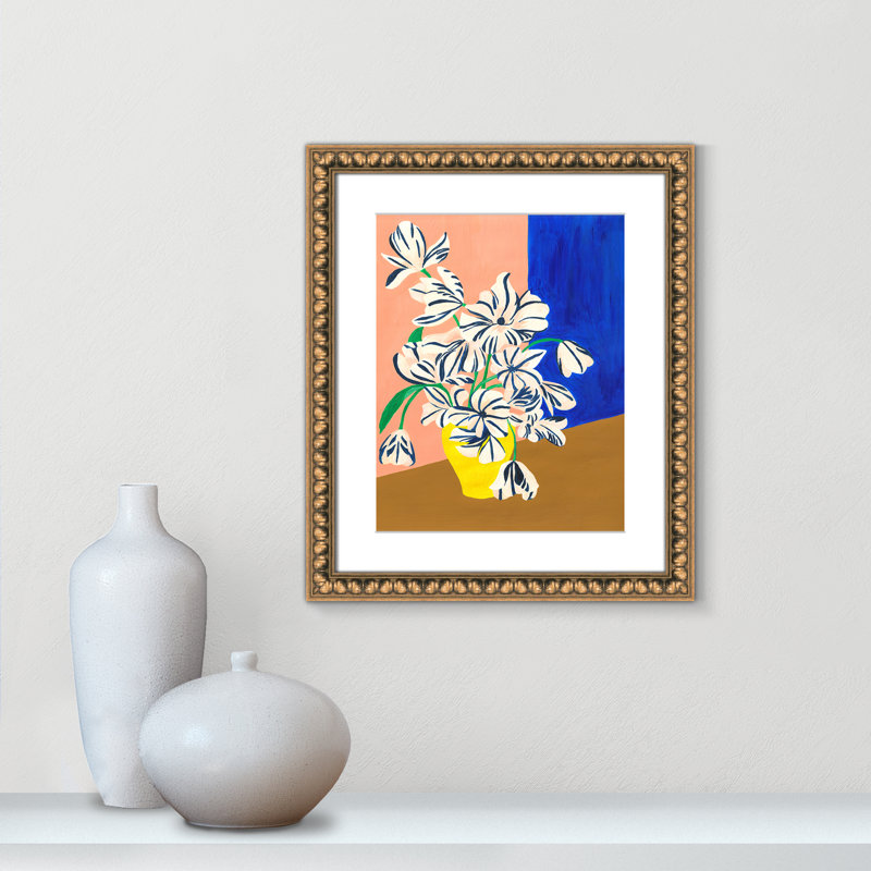 «Stripey Flowers Print» par Violets Print House, 17'' W x 20'' H, Imprimé mat, Perles de feuilles dorées