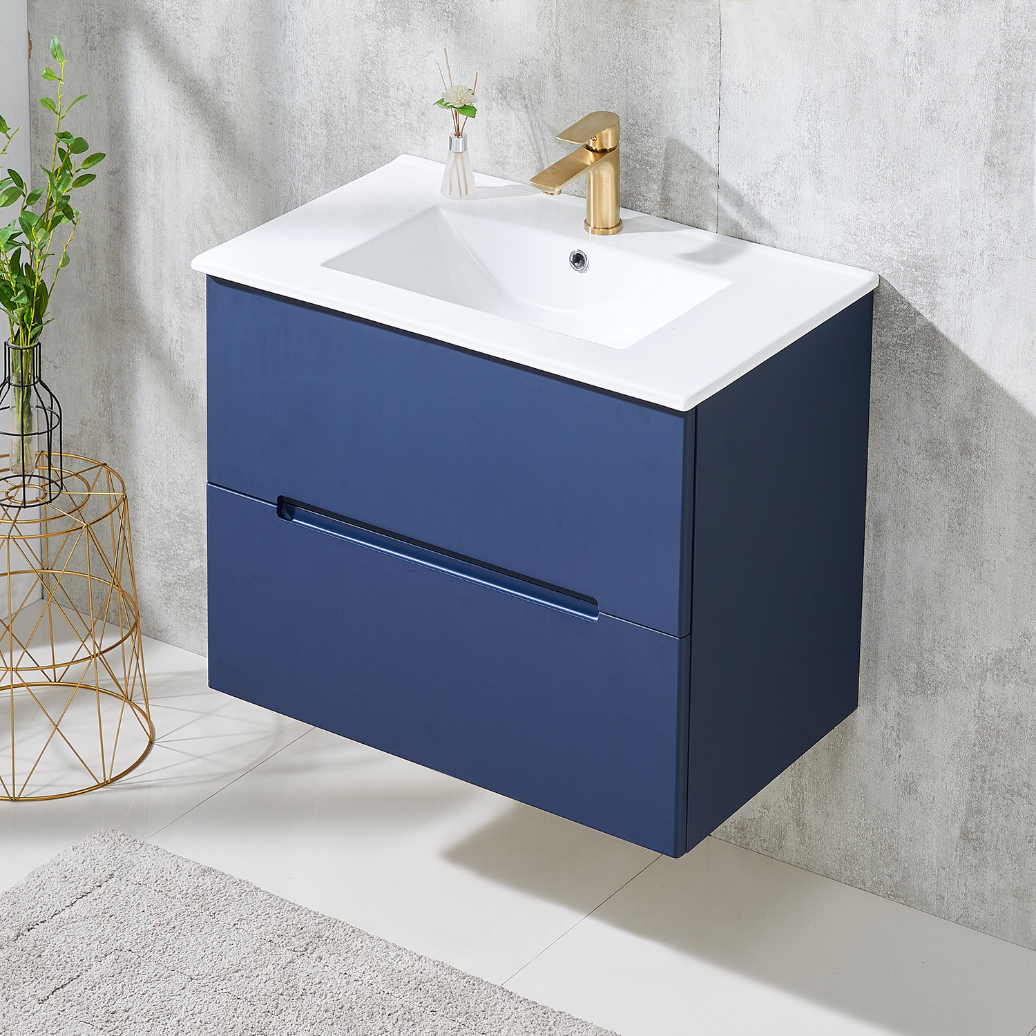 12.8 in Single Bowl Corner Wall Mounted Bath Vanity in Blue with Ceramic Sink in White with Overflow