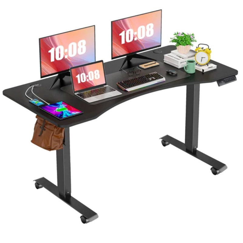 Maudine 63" Electric Height Adjustable Standing Desk With Curved Desktop And 4 Casters, 2 Hooks, Big Mouse Pad, Black