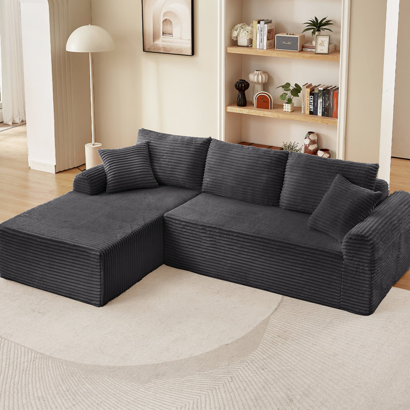 Chaise longue, 3 places en velours côtelé droit avec base arquée et antidérapante, 3 coussins de dossier et 2 coussins décoratifs pour vous détendre dans votre chambre modulaire et modulaire