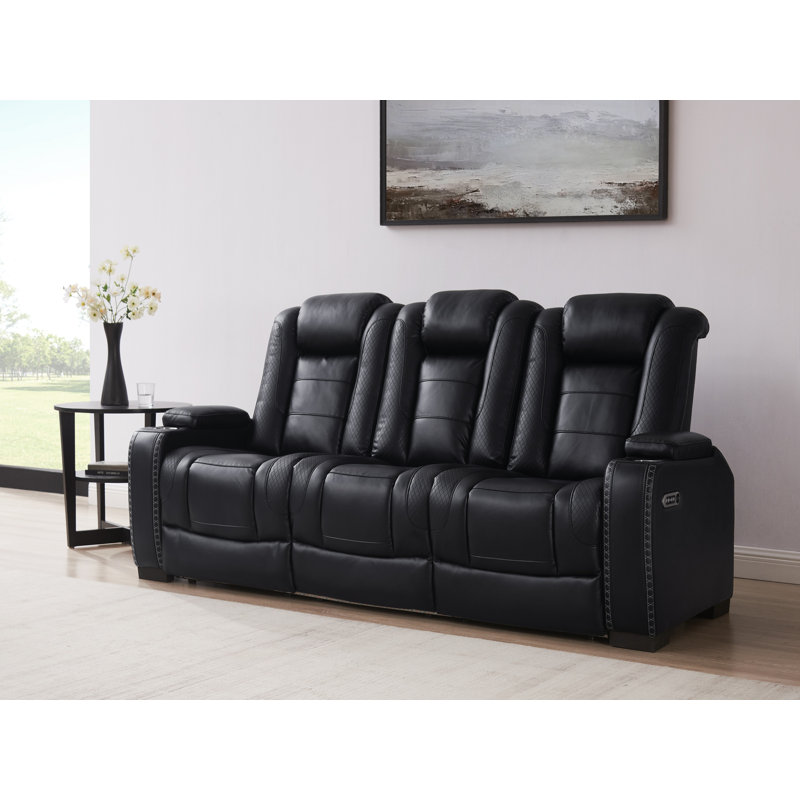 83.5''Wide Breathable Leather Square Arms Power Reclining Sofa With Reading Lights And Drop Down Table, Black Faux Leather