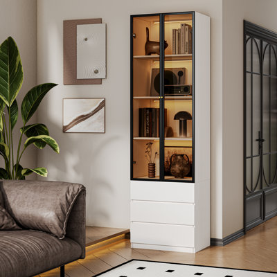81.1" Tall White China Cabinet With Glass Doors & 3 Drawers, Modern Wood Kitchen Storage Curio Hutch Pantry With Human Sensor Lights And 4-Tier Shelf, Display Case For Collectibles For Living Room Bedroom Study Dining Room