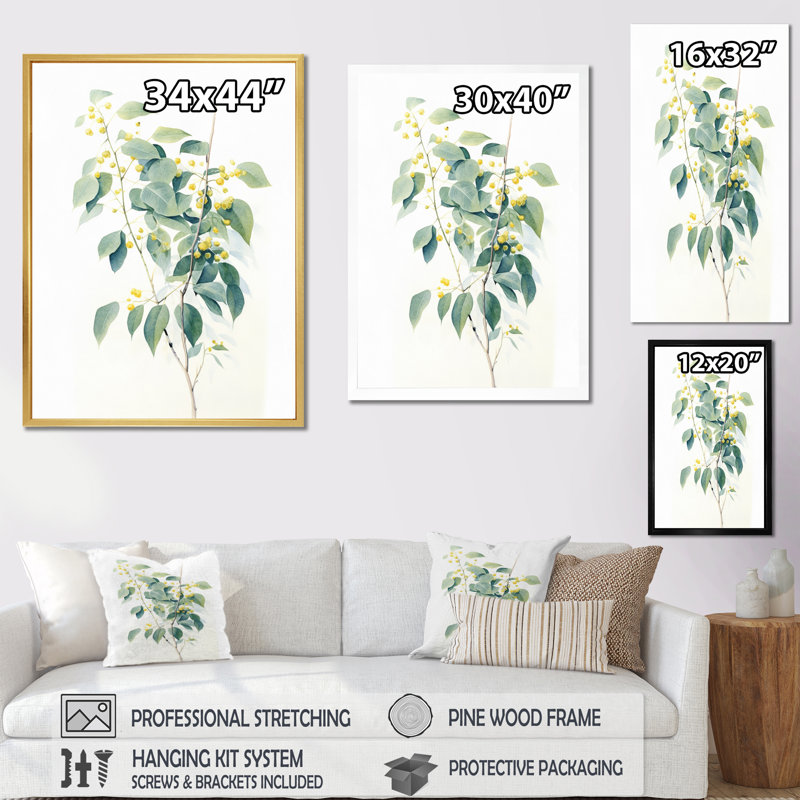 «White Green Minimalisme Eucalyptus Essence» sur toile, H 20 po x l 12 po x P 1,5 po, Cadre flottant noir