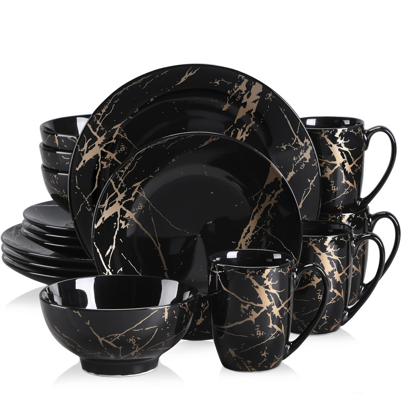 Piece Porcelain China Dinnerware Set - Service for 4, Black