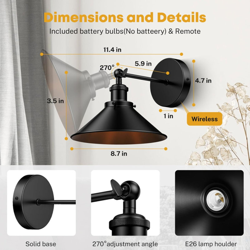 Acilino Iron Swing Arm Sconce with Dimmable Bulb and Remote Control