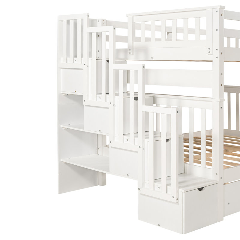 Lit superposé avec tablettes et 6 tiroirs de rangement, Blanc
