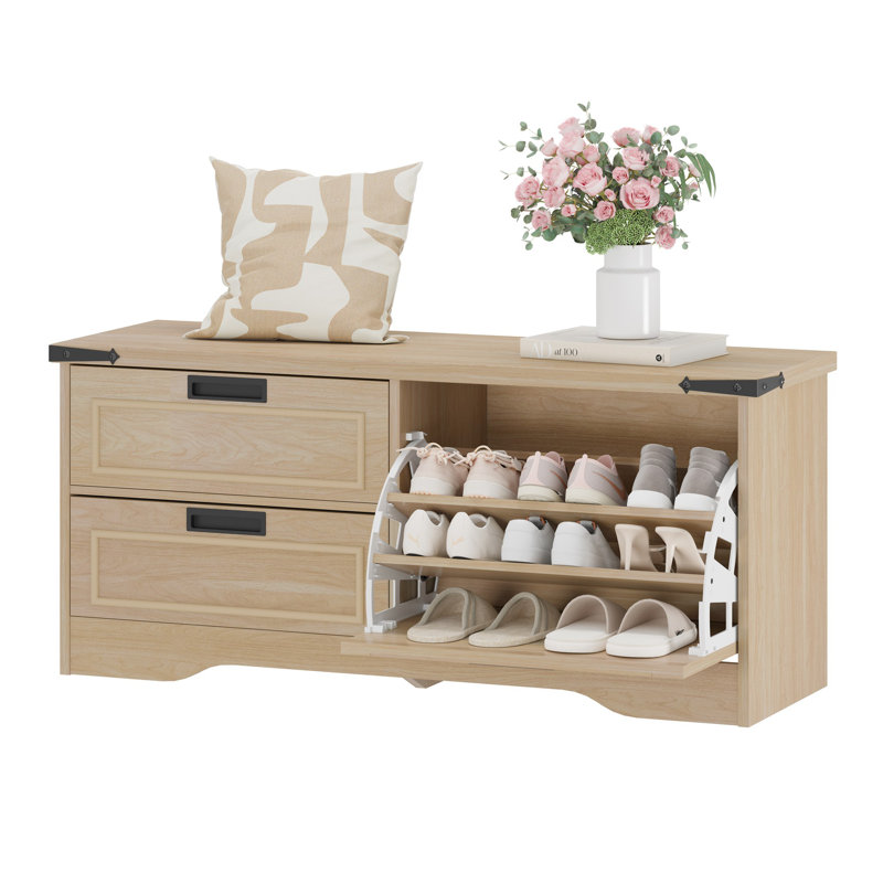 Guinna Farmhouse Entryway Bench, Wood Shoe Storage Bench With Flip Drawer, Enter Way Bench Shoe Cabinet Organizer, Hidden Shoe Rack Bench For Living Room Hallway