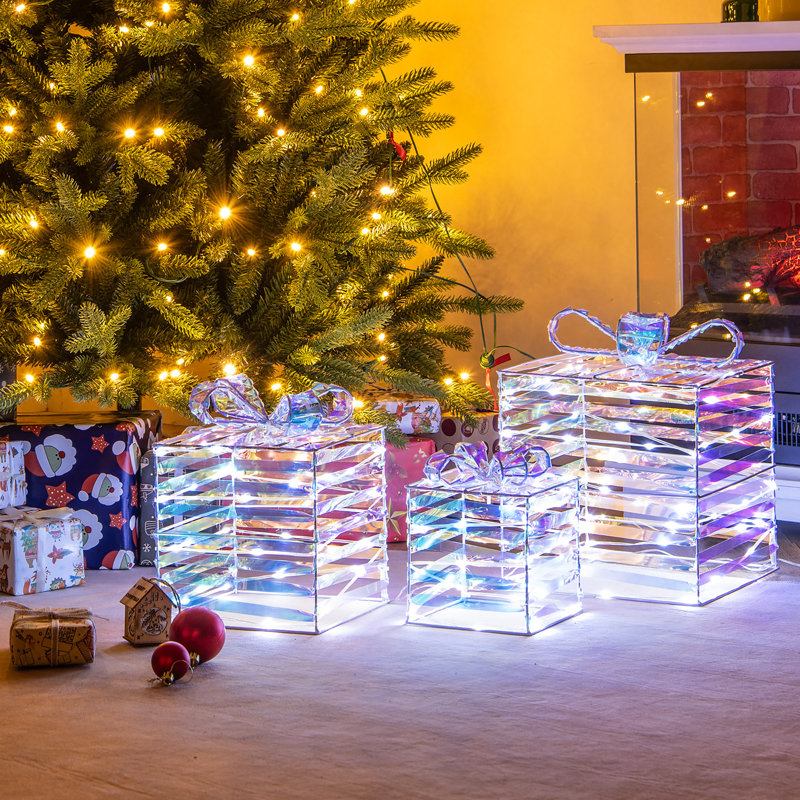 The Holiday Aisle® 3 pièces, boîtes-cadeaux de Noël illuminées, 90 boîtes de cadeaux lumineuses avec arcs