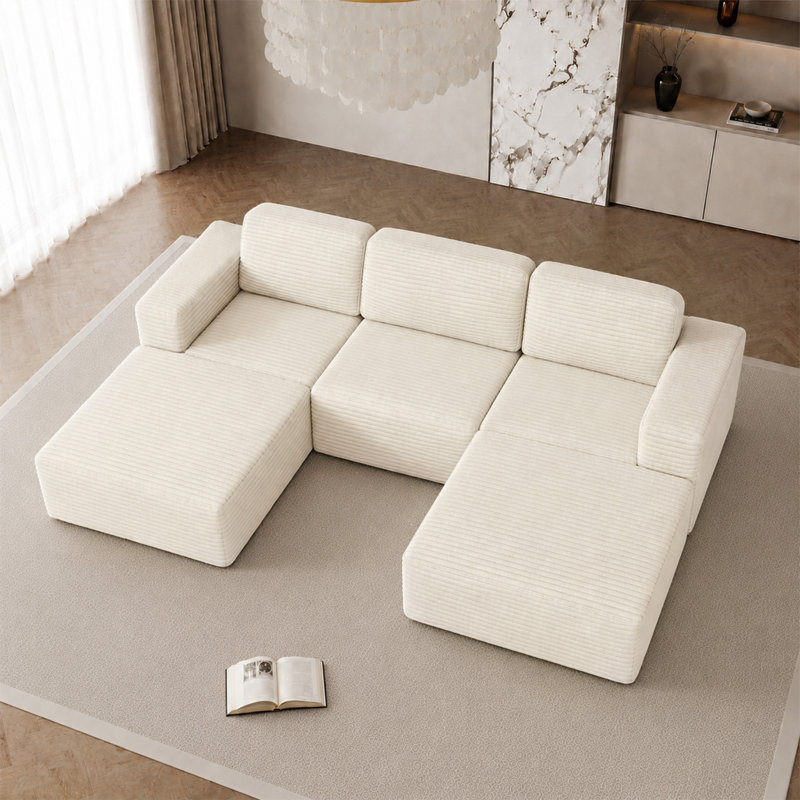 Modular Corduroy Boneless Sofa With 2 Ottomans, No Assembly Required, With High Rebound Sponge, 93" H x 303" W x 205" D