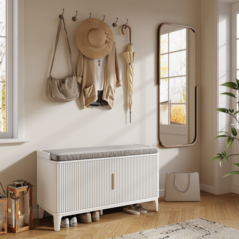 39.4" Fluted Shoe Cabinet Storage With Bench, 2-tier Entryway Bench With Adjustable Shelves And Detachable Cushioned Seat