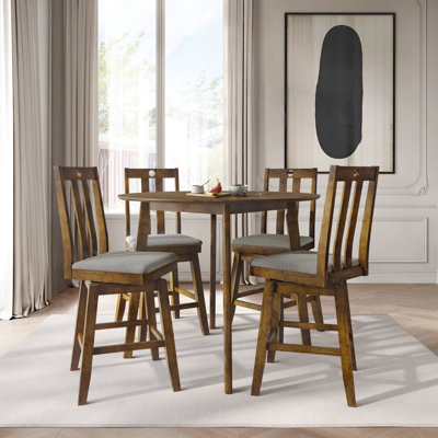 Ensemble de salle à manger 5 pièces à hauteur de comptoir rond avec chaises à dossier à lattes, brun