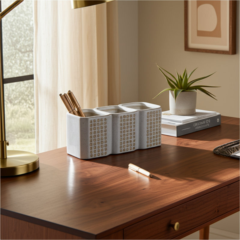 Organisateur de rangement en céramique Xiong avec motif géométrique texturé en céramique, Motif beige à pois