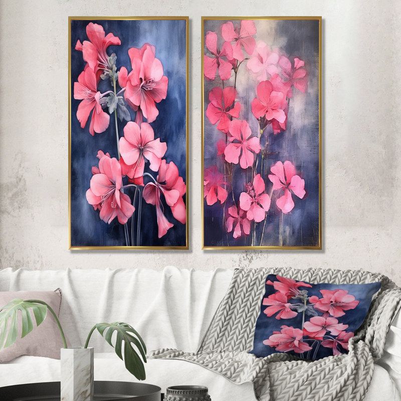«Blue and Pink Geranium Minimal Expression - Geraniums», ensemble d'art mural sur toile, Encadrement doré, H 40 po x l 41 po