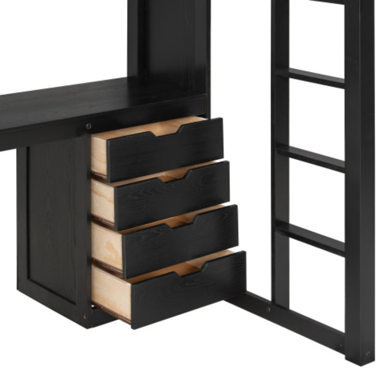 Lit mezzanine simple en bois massif, Black, Twin