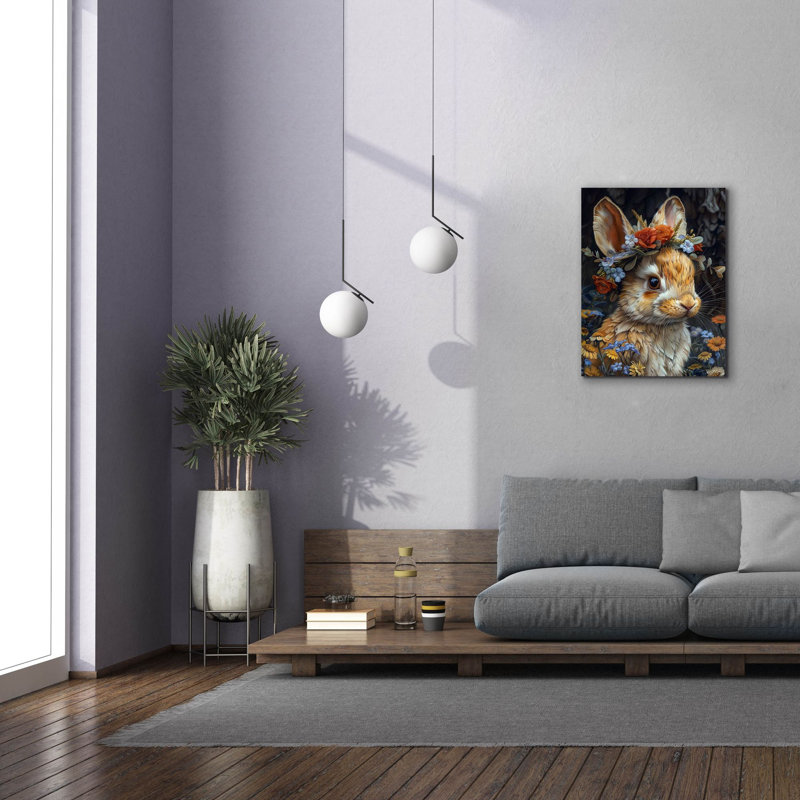 Toile épique «Lapin avec une couronne de fleurs» par Momart, H 34 po x l 26 po x P 1,5 po