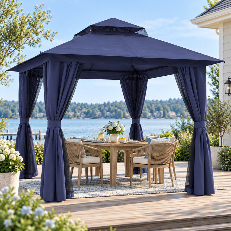 10 x 10 Ft Soft Top Patio Gazebo with 2-Tier Canopy, Mesh Netting and Privacy Curtains, Galvanized Steel Outdoor Canopy for Backyard Deck and Garden