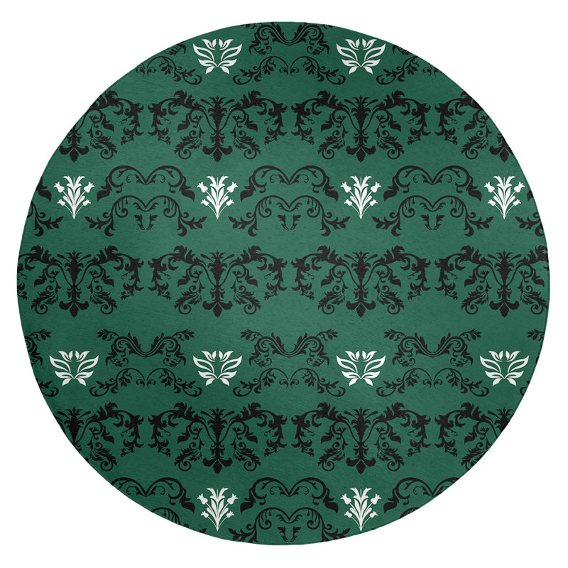 Tapis rond rond damassé à motif baroque vert