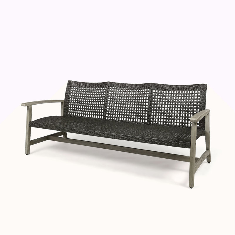 Outdoor Acacia Wood Wicker 3 Seater Sofa, Patio Furniture Conversation Set For Backyard, Gray