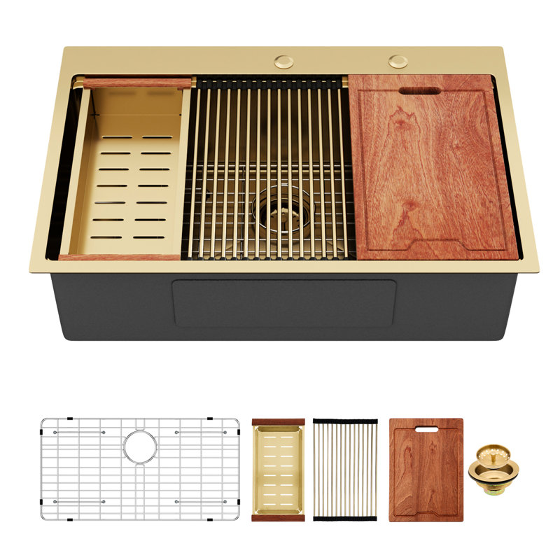 Gold 33*22 Inch 16 Gauge T304 Stainless Steel Drop - In Kitchen Sink, Workstation Functionality, Smooth Drainage, Coating For Protection, Package With Dish Grid And Drain 33" Track Function, Water