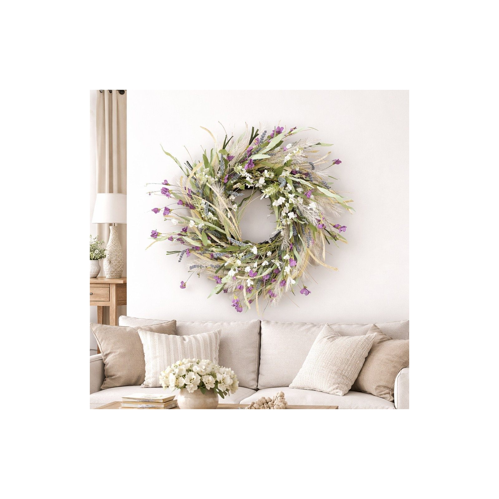 24" Artificial Farmhouse Spring Summer Pampas Grass Leaves Lavender Blossom Cluster Wildflower Front Door Wreath Wedding Party Welcome Decor