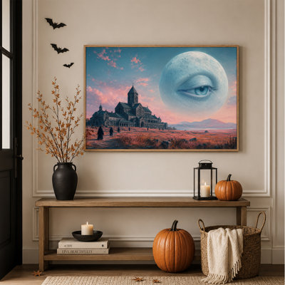 Lune surréaliste avec un œil au-dessus d'une cathédrale de pierre et d'une toile murale d'Halloween