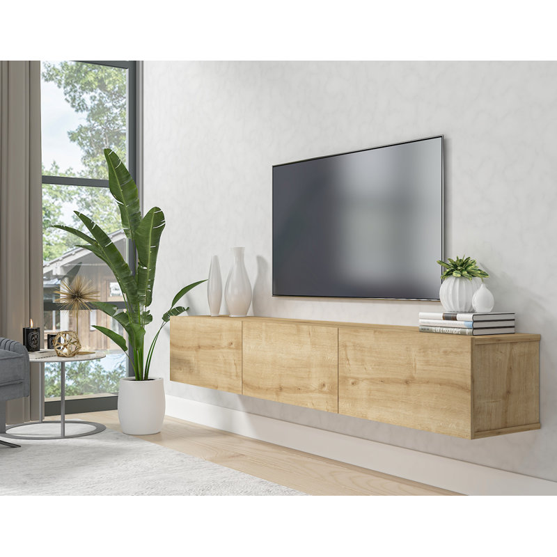 Ozge Modern 71" Floating TV Stand with Storage  Wall-Mounted Media Console for TVs up to 80", Oak