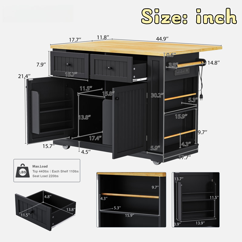 Large Rolling Kitchen Island With Drop Leaf, Power Outlet, Internal Storage Racks, 5 Open Side Racks, 2 Drawers, An Adjustable Shelf