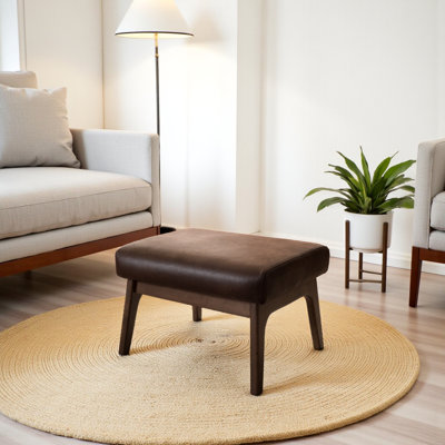 Burnsdale Mid-Century Modern Walnut Wood Dark Brown Distressed Faux Leather Ottoman