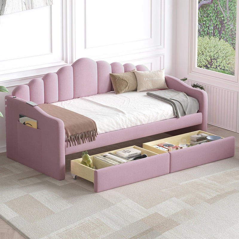 Upholstered Daybed With 2 Drawers, Pink