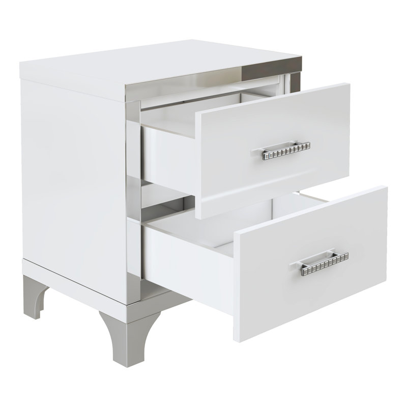 Table de chevet blanche brillante avec poignée en métal et 2 tiroirs pour tiroirs de table de chevet à miroir, brillant, attrayant