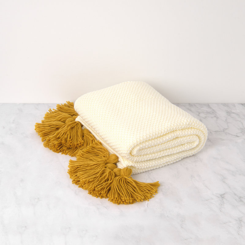 Mustard and Cream Acrylic Knit Throw with Tassels