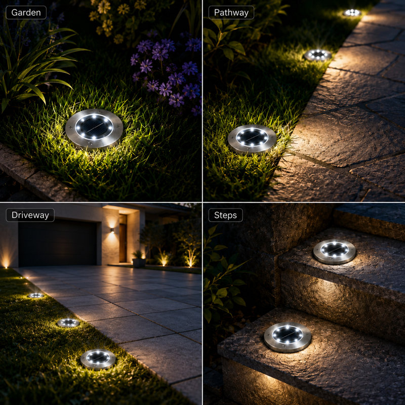 Solar Ground Lights 8 LED Garden Waterproof Disk Light Outdoor Pathway Light for Lawn Deck Walkway, White