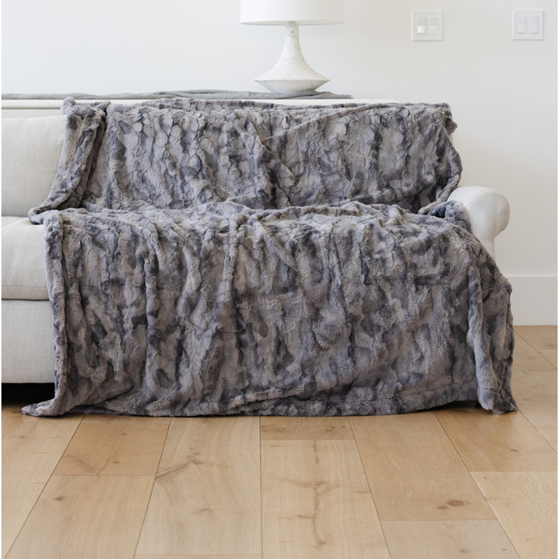 Queen Size Marbled Gray Faux Fur Reversible Throw Blanket