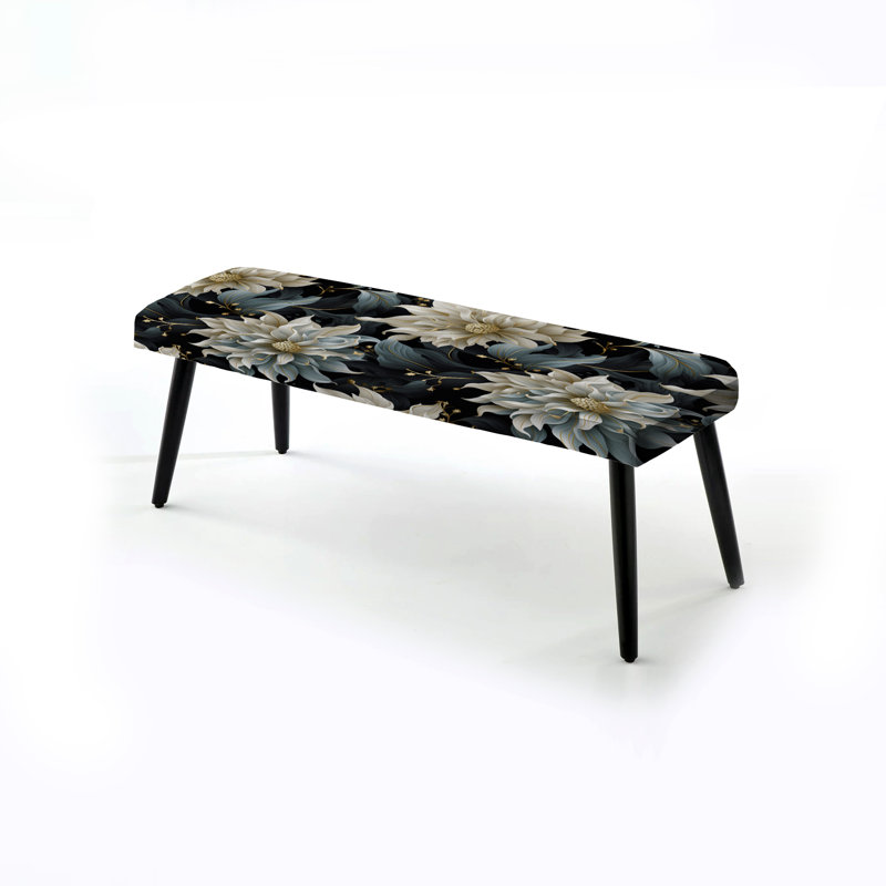 Beige And Blue Flowers Elegance - Glam Upholstered Black Bench