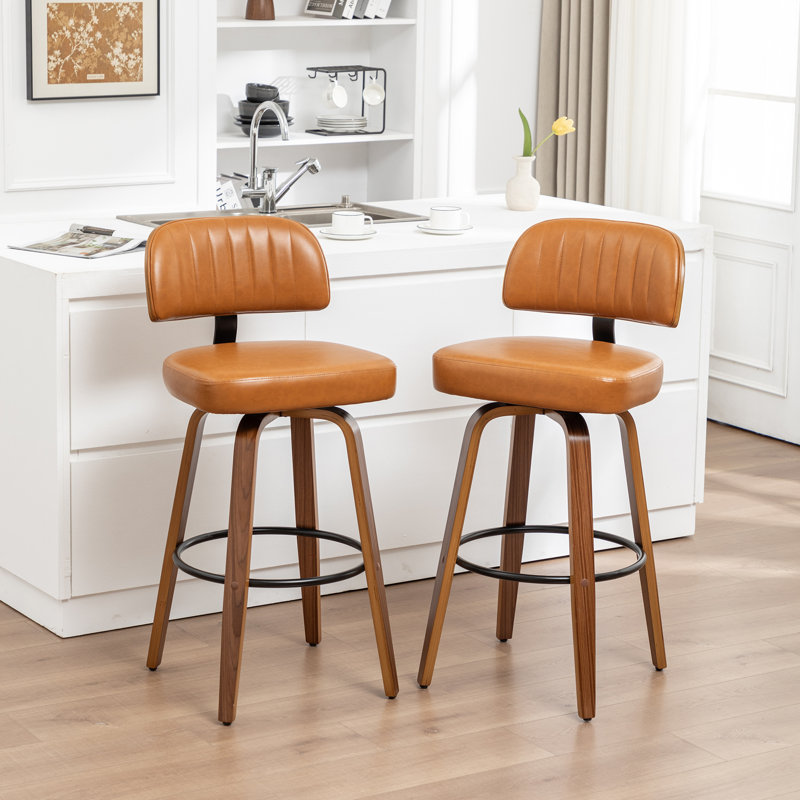 Tabourets de comptoir pivotants rembourrés en cuir de polyuréthane de style Mid-Century avec dossier courbé en bois, Brun