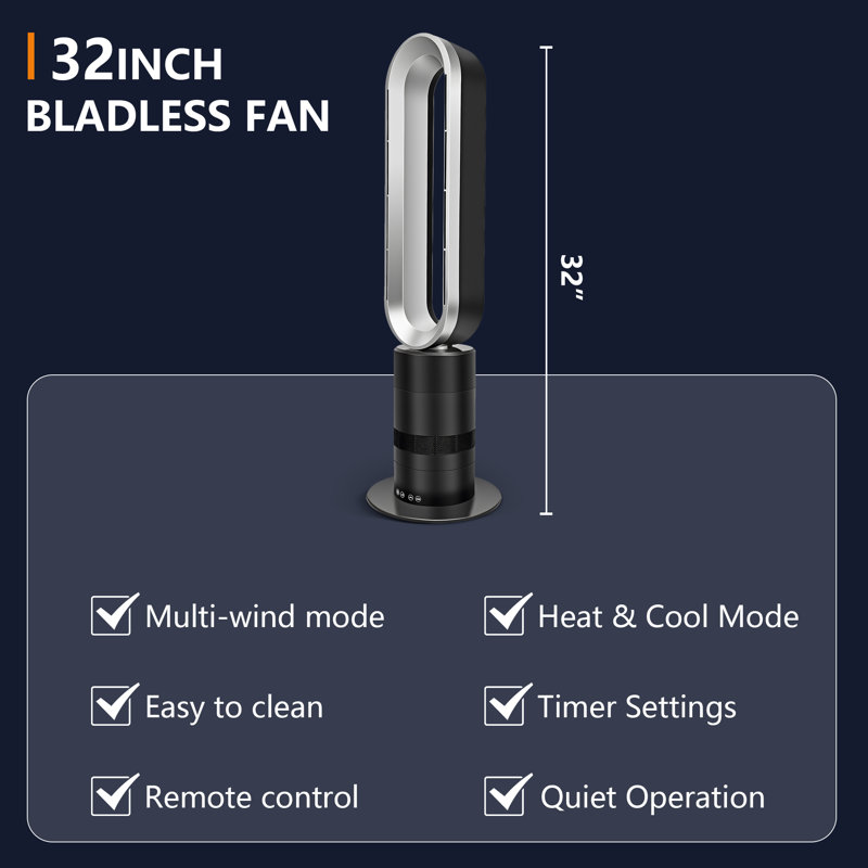 Oscillating Bladeless Tower Fan and Heater Combo with Remote Control 10 Speeds 9H Timer Thermostat, Black/Silver