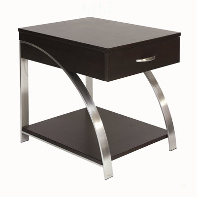 Table de bout moderne avec tiroir et tablette inférieure avec détails en bois espresso et métal chromé pour le rangement du salon
