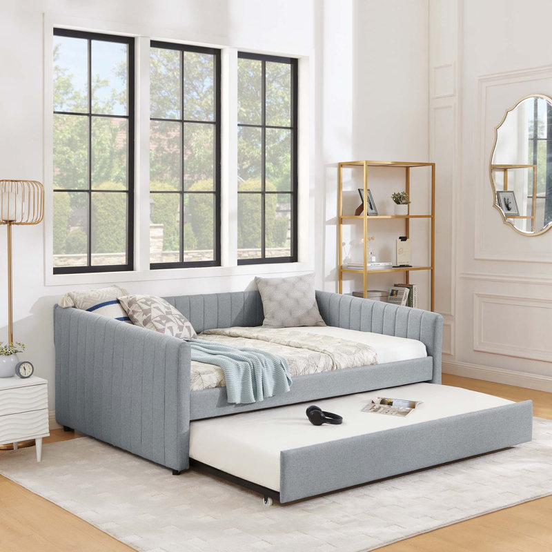 Linen Upholstered  Daybed with Trundle, Grey, Full / Double