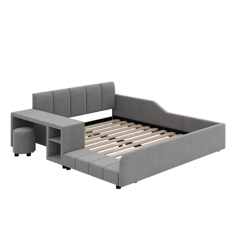 Upholstered Grounded Bed, Child Bed With Bedside Desk And Little Round Stool, Queen, Light Gray