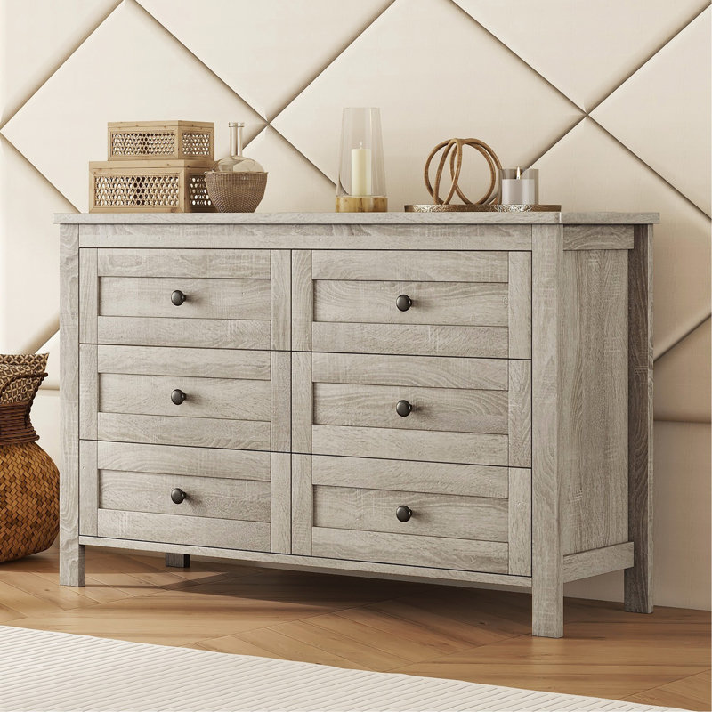 Retro Farmhouse Style Wooden Dresser With 6 Drawer, Storage Cabinet For Bedroom, Antique Gray