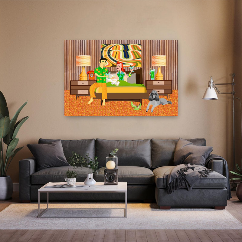 «Retro Couple's Sweet Escape Colorful Modern Retro Dog Architecture», reproduction d'art murale, H 40 po x l 60 po