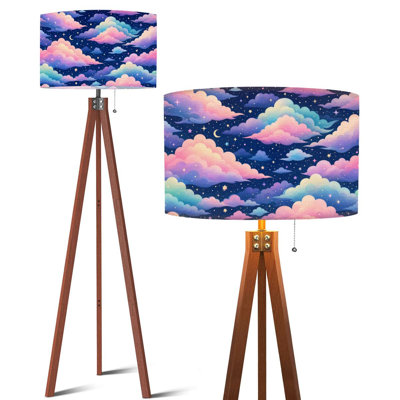  Tripod Standing Lamp Dreamy Pastel Cloudy Night Sky Stars Crescent Moon Remote Controlled Dimmable LED Floor Lamp with Beech Wood Legs & Detachable Linen Shade for Farmhouse Apartment Living Room and Bedroom