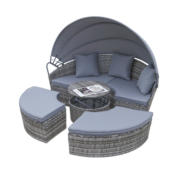 Garden Outdoor Rattan Day Bed With Cushions And Raincover Grey, Grey